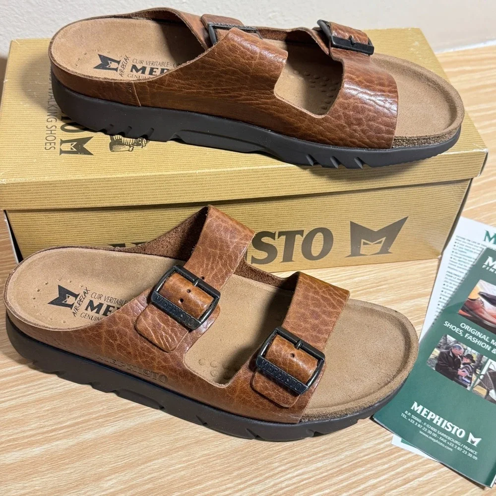 Mephisto Zonder Sandals Mens US 9 Brown Leather Adjustable 2-Straps Casual Slide